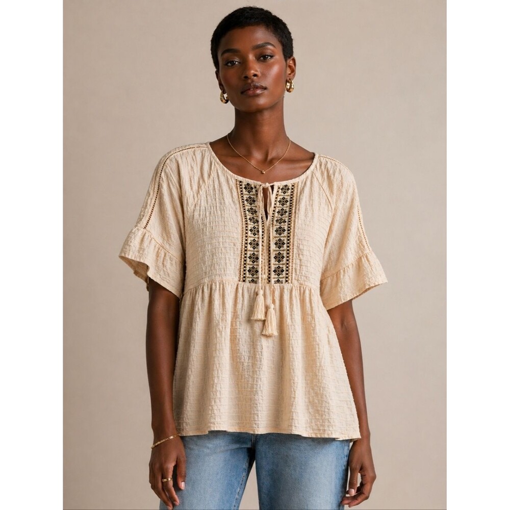 Women's Size Small 100% Cotton Ruffle Sleeve Poplin Boho Blouse Casual Cream